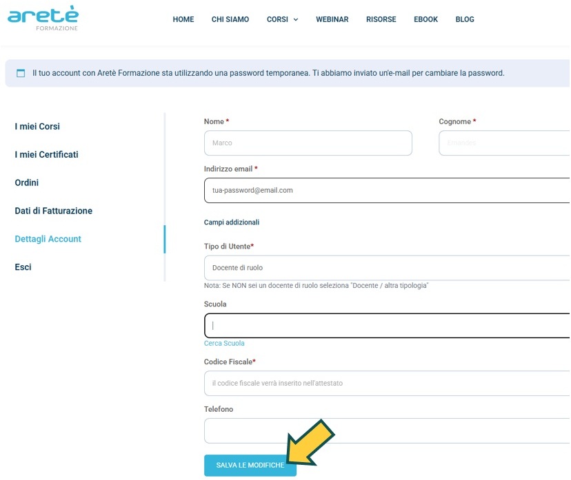Form Dettagli Account con campi scuola