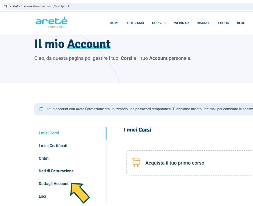 Pagina Il mio Account - menu Dettagli Account