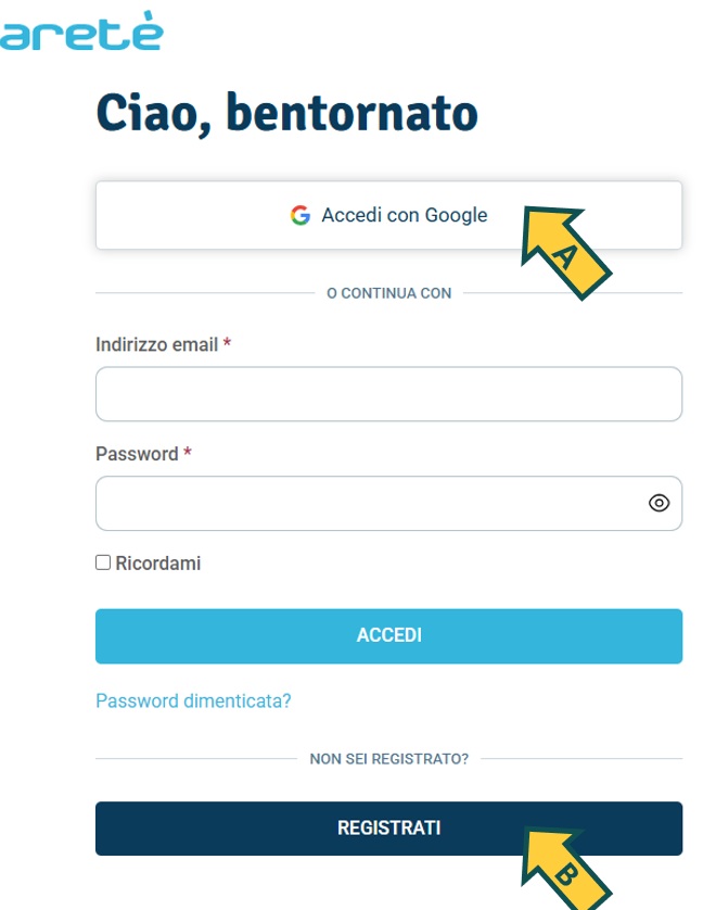 Pagina di login Aretè con opzioni Accedi con Google e Registrati