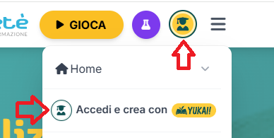 Il menu di yukai.it con l’icona di accesso e la voce Accedi e crea con YUKAI!