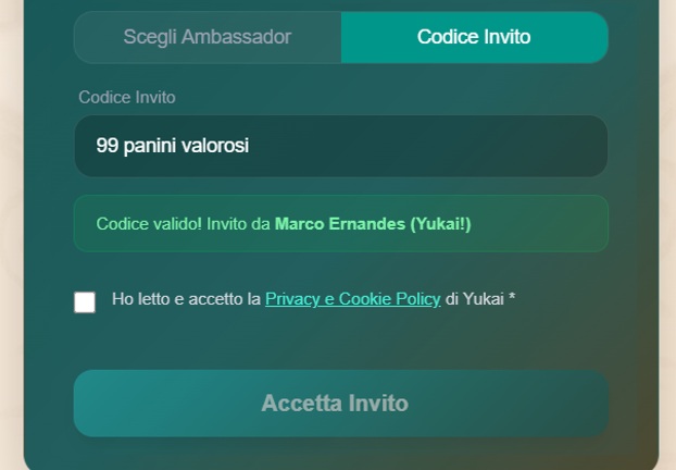 Inserimento codice di invito su Yukai