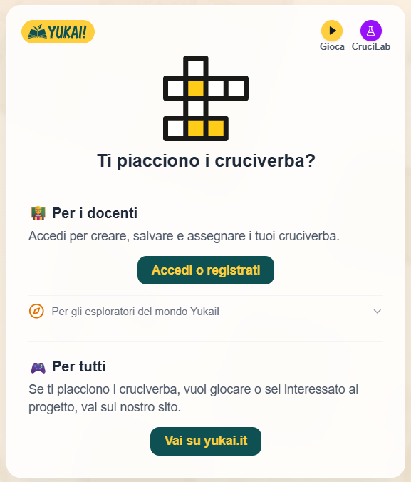 La pagina Ti piacciono i cruciverba? con il pulsante Accedi o registrati per i docenti