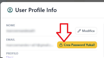 Il profilo utente con il pulsante Crea Password Yukai!