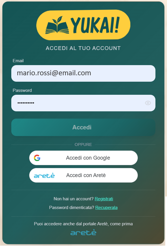 La schermata di accesso a Yukai con email, password, Accedi con Google e Accedi con Aretè