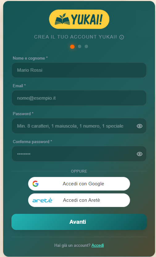 Primo passaggio della registrazione: nome, email e password