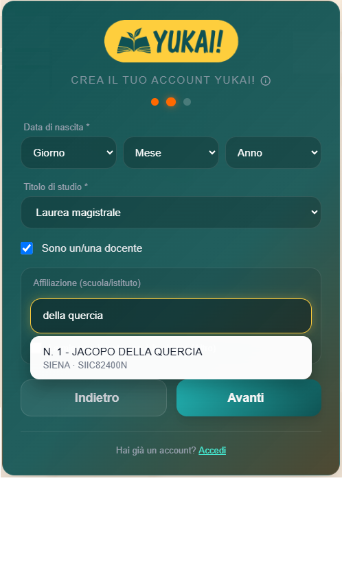 Secondo passaggio della registrazione: data di nascita, titolo di studio e scuola
