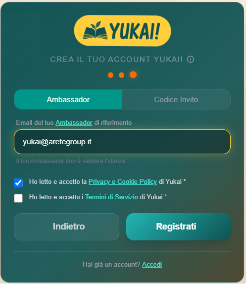 Terzo passaggio della registrazione: Ambassador o codice invito e accettazione delle condizioni