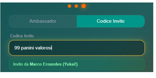 Inserimento del codice invito con il messaggio di conferma Invito da