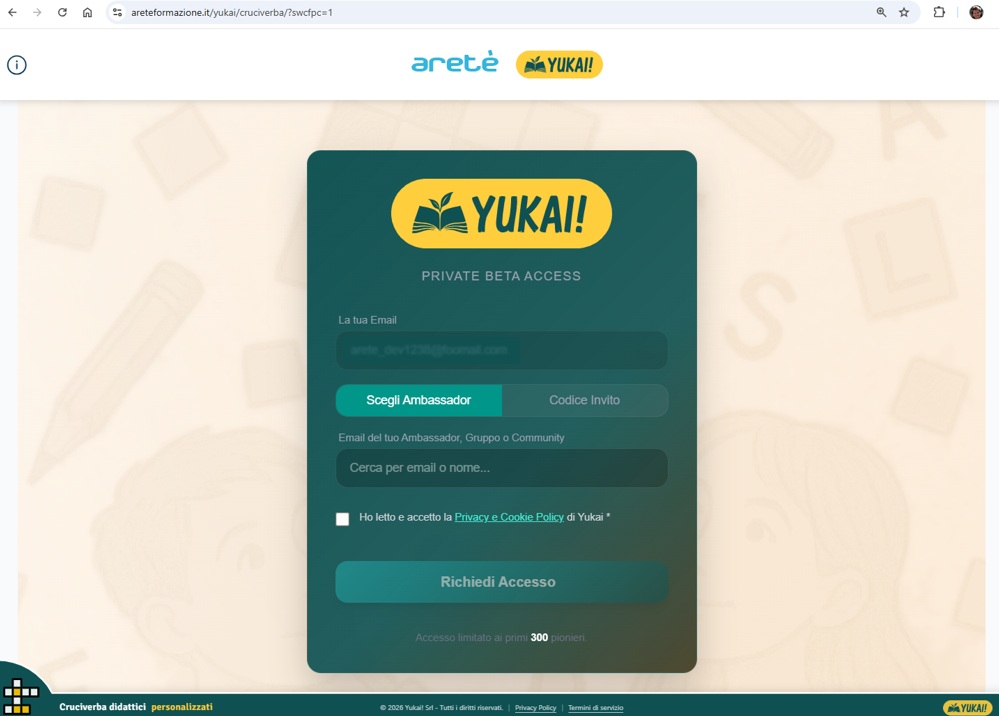 Schermata Private Beta Access di Yukai