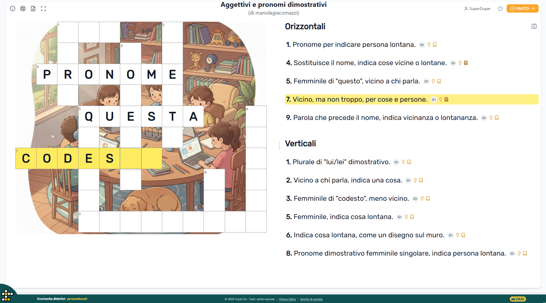 Schermata di gioco con griglia e definizioni
